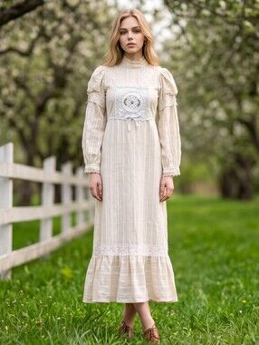 Vintage 1970s Gunne SAX Inspired Prairie Dress Cream Long Sleeve Read Descriptio
